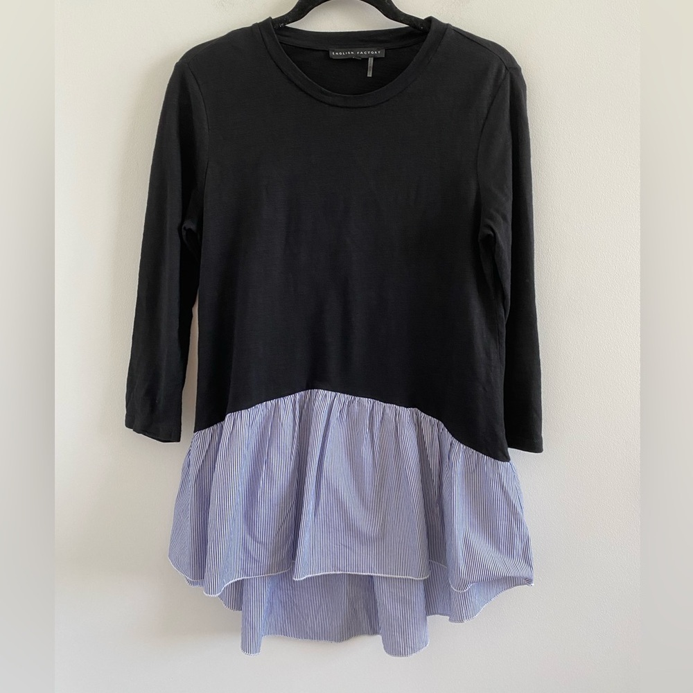 English Factory Black Mixed Media Striped Peplum Ruffle Hem Blouse Size Small